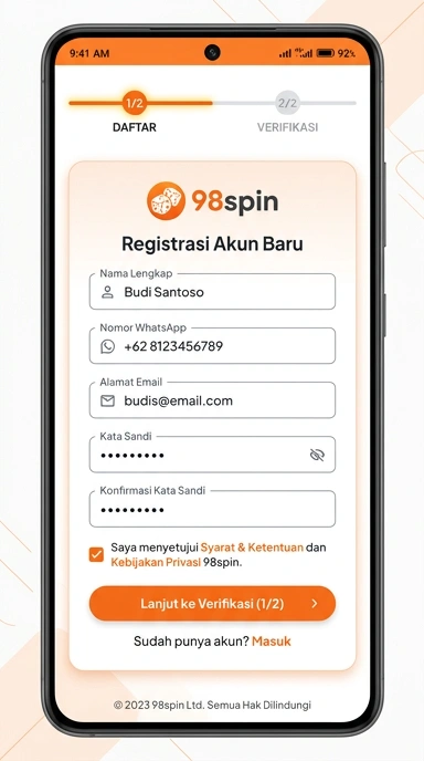 Tampilan halaman daftar 98spin